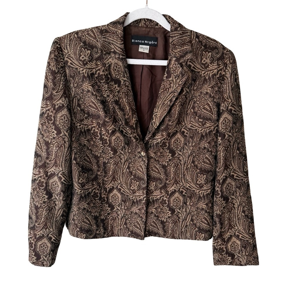 Bianca Nygard Vintage Wool Brown Patterned Paisley Blazer Size 8 Y2K Office